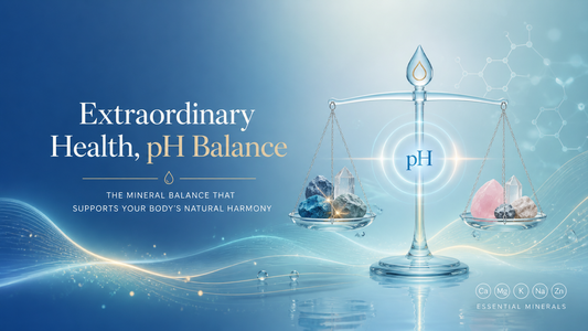 pH balance concept with minerals, soft blue and teal gradient background, subtle glowing energy and natural elements representing internal balance and wellness