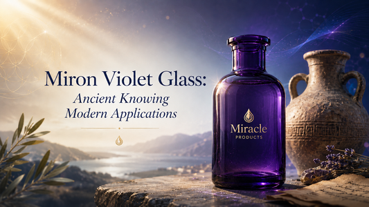Premium wellness products packaged in MIRON Violet Glass bottles beside natural ingredients.