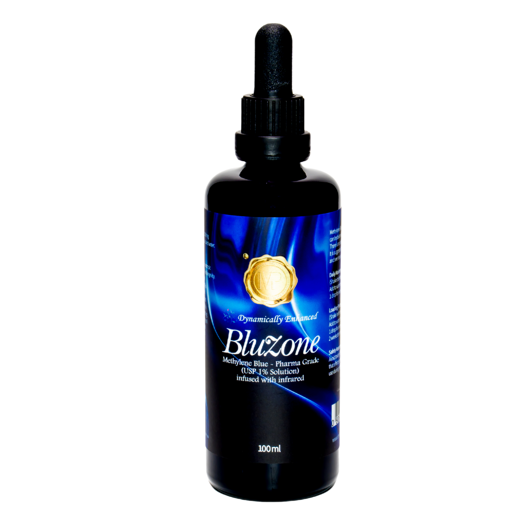 BluZone USP Pharmaceutical Grade Methylene Blue Liquid Drops Infused with Infrared For Cellular Energy and Detox Heavy Metals, DetoxVenoms, Detox Free Radicals, Dissolve Hydrogels.