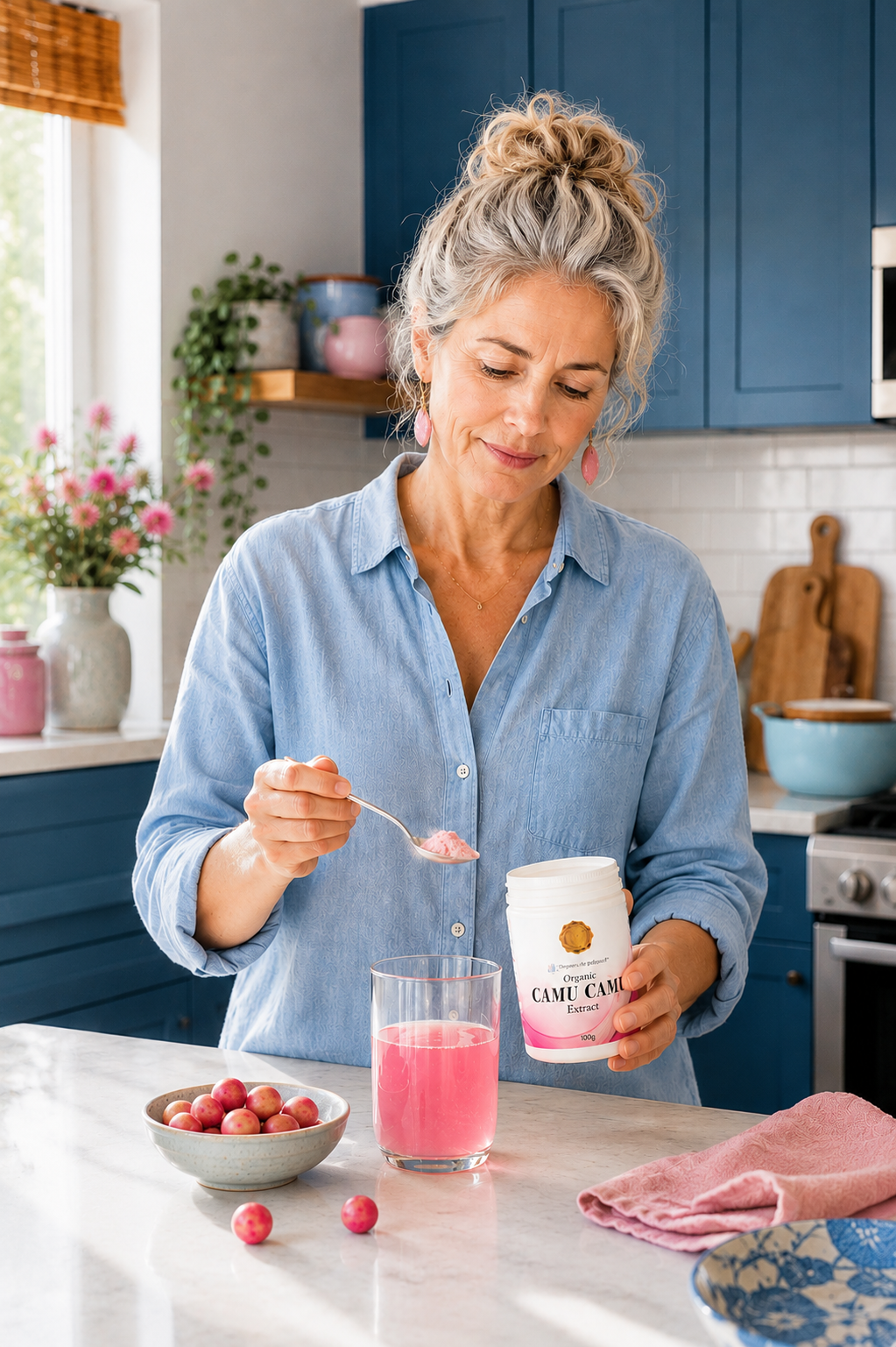 Woman with silver-blonde hair in a relaxed high bun preparing a pink camu camu drink in a bright blue-toned coastal kitchen, with soft natural light, pink earrings, native Australian flowers and fresh berries styled around the countertop.